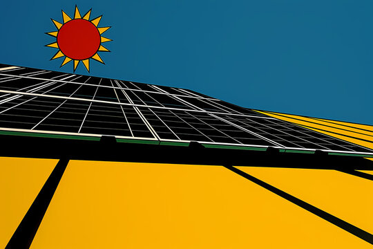 This image depicts solar panels installed at an angle, absorbing sunlight under a clear blue sky, symbolizing the harnessing of solar energy for a sustainable future.