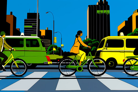 This image shows people riding bicycles across a zebra crossing in a bustling city street with cars in the background, emphasizing the theme of urban mobility and transportation.