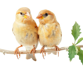 Naklejka premium Birds perched on a branch with leaves, isolated on white.