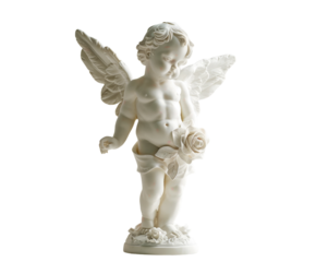 Cherub angel holding a rose, isolated on white.