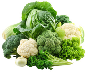 Assorted vegetables including broccoli, cauliflower, lettuce, and cabbage, isolated on white.