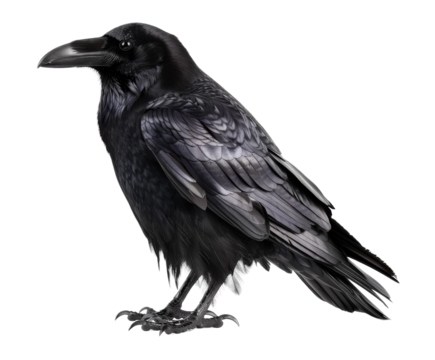 Black raven with detailed feathers, isolated on white.