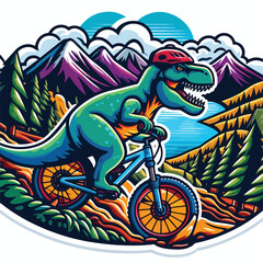 dinosaur riding a bike with mountain
