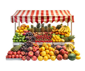 Fruit stall with a variety of fruits and a striped canopy, isolated on white.