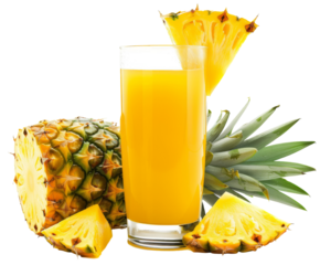 Glass of fresh pineapple juice with pineapple slices, isolated on white.