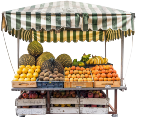 Fruit stall with a variety of fruits and a striped canopy, isolated on white.