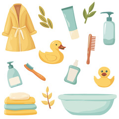Set of bathroom interior elements, skin care products and towels vector illustrations.