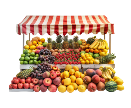 Fruit stall with a variety of fruits and a striped canopy, isolated on white.