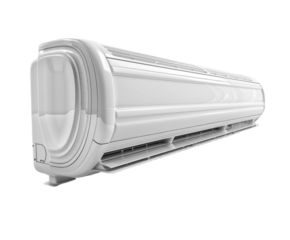 Modern air conditioner unit, isolated on white background.