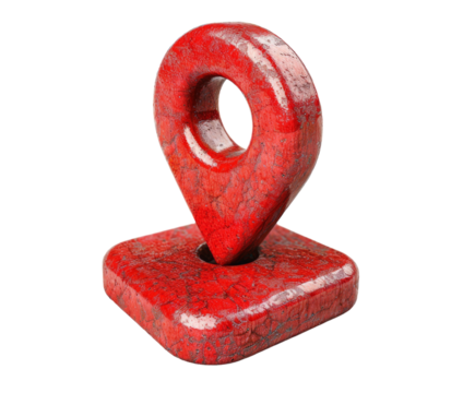 image of a red map pin icon, shiny and reflective, with a subtle map texture on the surface.