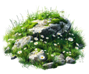 Green meadow with flowers and rocks, isolated on white.