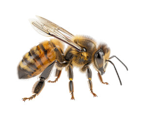 Honey bee with wings and stripes, isolated on white background.