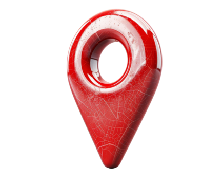 image of a red map pin icon, shiny and reflective, with a subtle map texture on the surface.