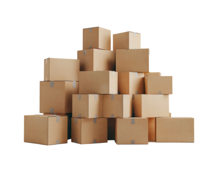 Stack of cardboard boxes in various sizes, isolated on white.