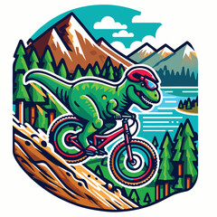 dinosaur riding a bike with mountain
