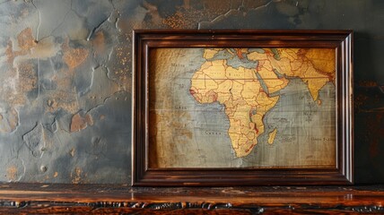 Framed vintage map of Africa on distressed wall