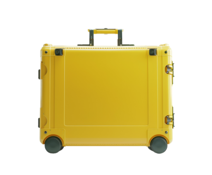 Yellow suitcase with wheels and handle, isolated on white.