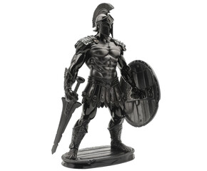 Black Spartan warrior statue with helmet on white background..