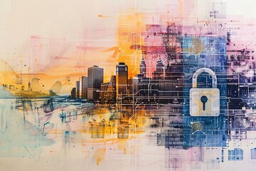 A double exposure showcasing a physical cityscape intertwined with a vibrant watercolor representation of the underlying data systems, secured with a contrasting padlock.

pen_spark
