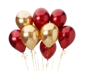 Bunch of red and gold balloons on white background..