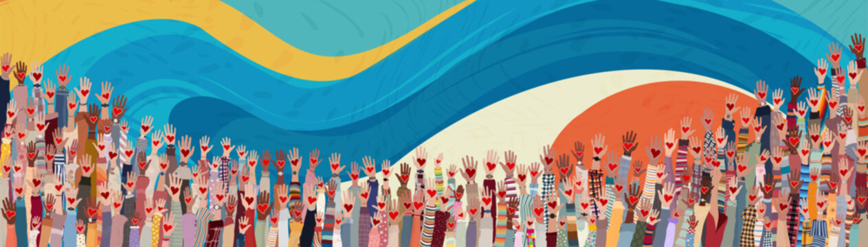 Group of raised hands. Diverse people holding a heart. Charitable donation and volunteer work. Support and assistance. Multicultural community.Diversity of people. NGO. Aid. Volunteerism