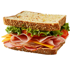 Fresh deli sandwich with lettuce, tomatoes, cheese, and ham on white background..