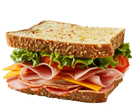 Fresh deli sandwich with lettuce, tomatoes, cheese, and ham on white background..