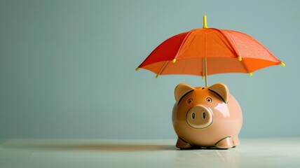 Piggy bank with umbrella, symbolizing financial protection