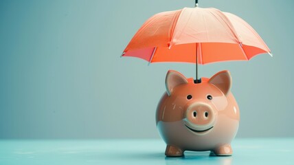 Piggy bank under umbrella symbolizing financial protection