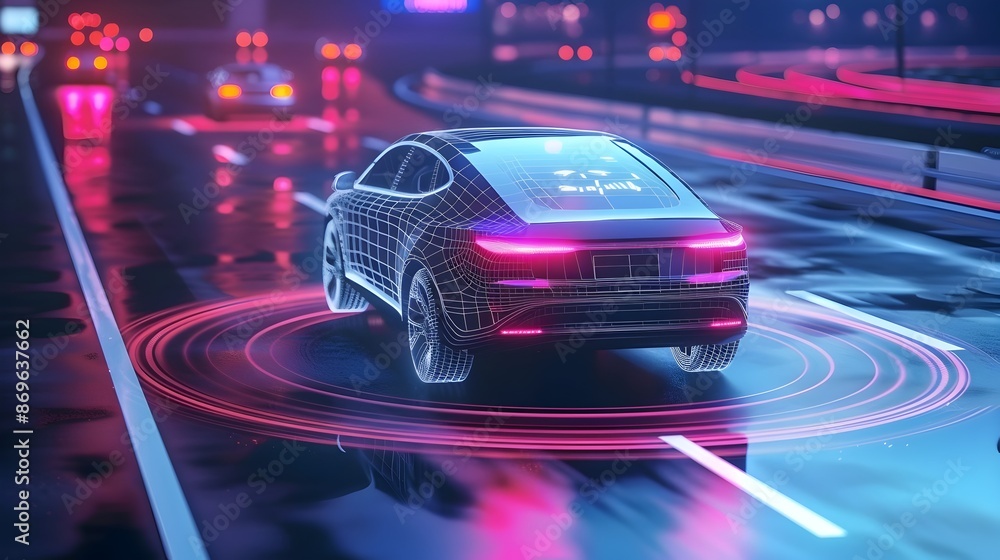 Poster autonomous car with radar sensors detecting obstacles to enhance vehicle safety