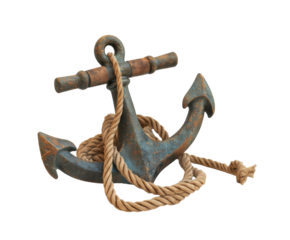 Vintage anchor with rope on white background..