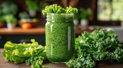  A green smoothie in a glass mason jar with a metal straw sits on a light wooden table.