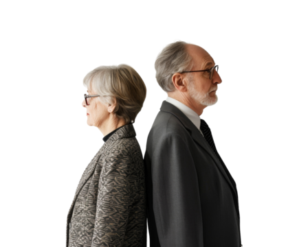 Elderly couple standing back view holding hands..