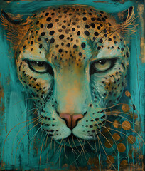 Painting of Leopard. Portrait of leopard in blue and gold. wallpaper. 