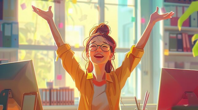 Satisfied intern raising arms at office
