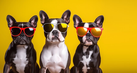 Fototapeta premium Creative animal concept. Group of Boston Terrier dog puppy friends in sunglass shade glasses isolated on solid bright background, commercial, editorial advertisement, copy text space 