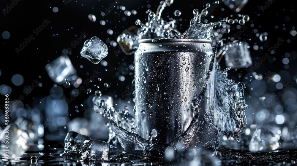 Poster empty aluminum can with dynamic ice cubes and splash, floating on black background