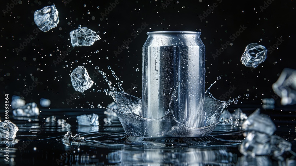 Poster empty aluminum can with dynamic ice cubes and splash, floating on black background