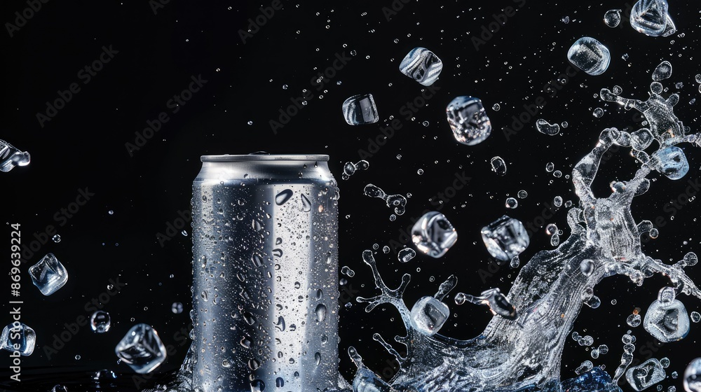 Poster floating ice cubes and splash surrounding an empty aluminum can on a black background