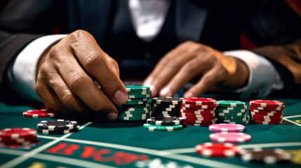 A close-up image of a players hand placing chips on a roulette table in a casino