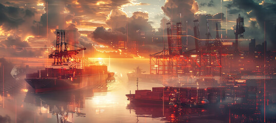 A cargo ship sits in a harbor at sunset, silhouetted against the orange sky. The ship is docked and surrounded by cranes and other industrial structures