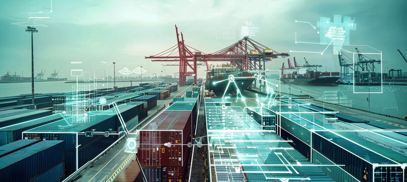 A cargo ship sits docked in a busy port, surrounded by a network of container lines and cranes, all interconnected by glowing digital lines - Powered by Adobe