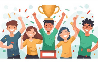 Euphoric teenager winning a sports competition, holding a trophy high with teammates cheering, Buoyant, Positive, Victory