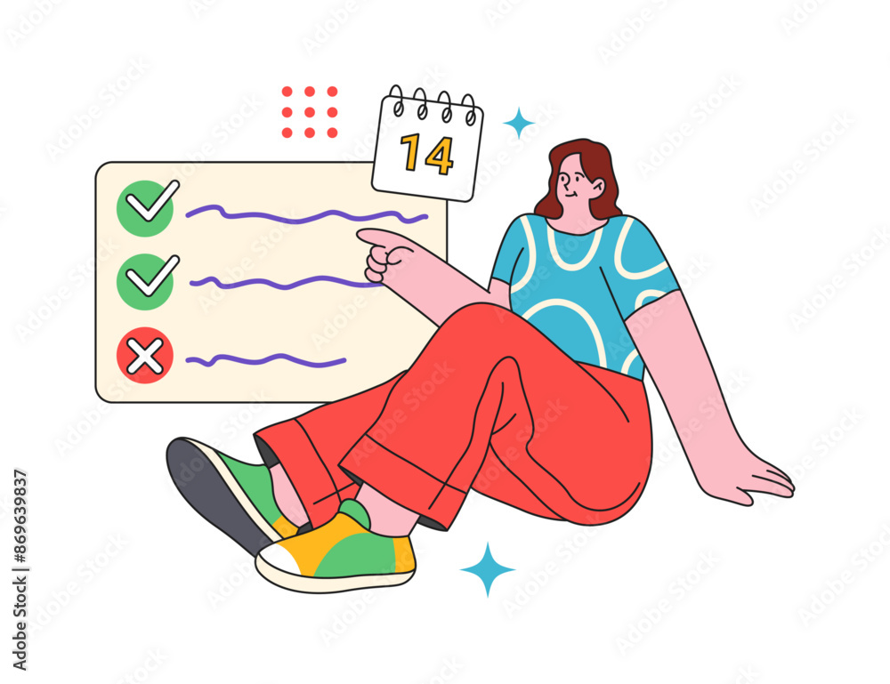 Poster Work productivity and organization, time management skills of worker. Vector flat cartoon character with schedule and calendar with date and appointments. Deadlines and workflow list