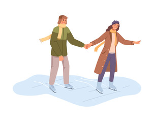 People skating on ice rink outdoors in winter, couple having fun together flat cartoon vector illustration. Man and woman skaters in cold weather. Activities in snowy park on wintertime holidays