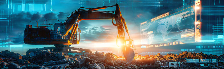 An excavator sits amidst a digital landscape, its performance and energy efficiency visualized with charts and graphs, showcasing the future of construction technology