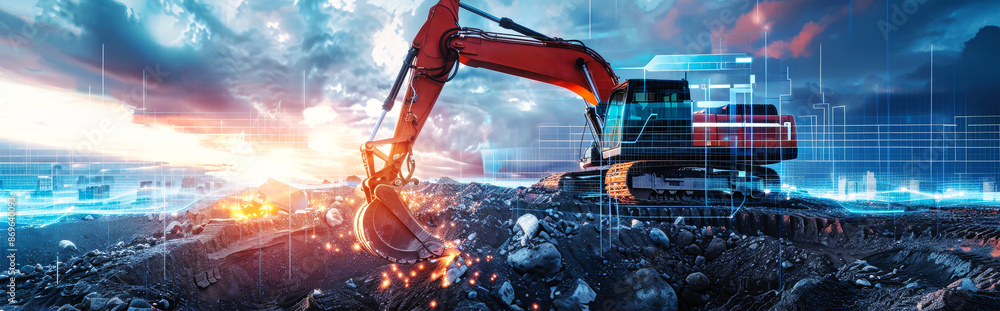Poster an excavator operates in a rocky field, surrounded by digital data visualizations showcasing its per
