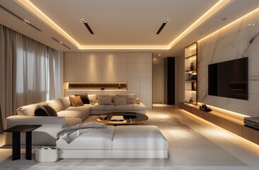 Modern Living Room Interior Design With Warm Lighting and Ocean View