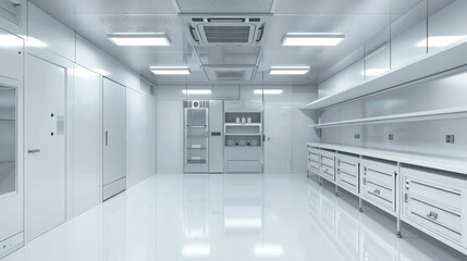 A sterile, brightly lit, industrial refrigerated room with two large freezer units and shelves
