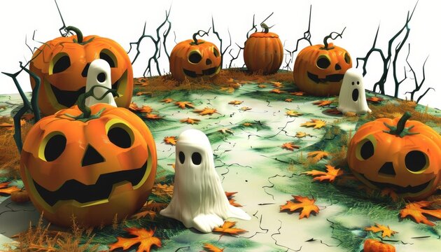 127 Spooky 3D cartoon haunted pumpkin patch with ghosts for Halloween fun